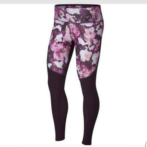 Nike Power Legend Floral Port Wine Mesh Run Training Leggings - Picture 4 of 16